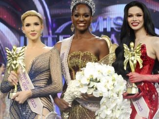 L-R: FIRST RUNNER UP OLIVIA LAUREN, MISS INTERNATIONAL QUEEN 2025 WINNER MIDORI MONET, SECOND RUNNER UP HA TAM NHU. Image credits to Miss International Queen.